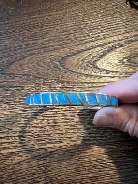 925 Sterling Silver Blue Fire opal inlay cuff bracelet